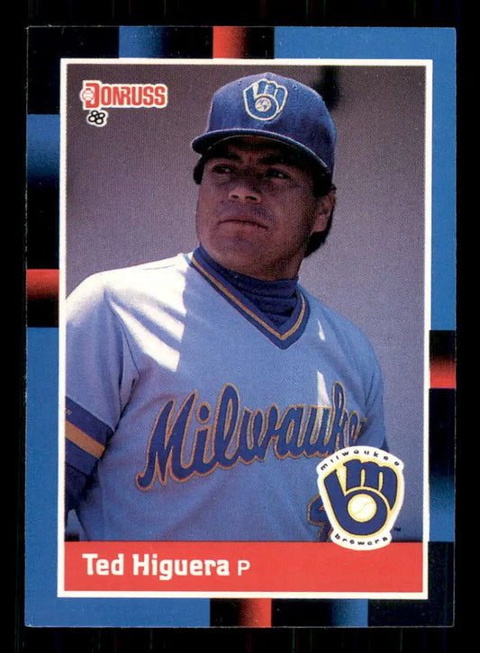 1988 Donruss Teddy Higuera Baseball Card featuring Milwaukee Brewers pitcher in blue uniform