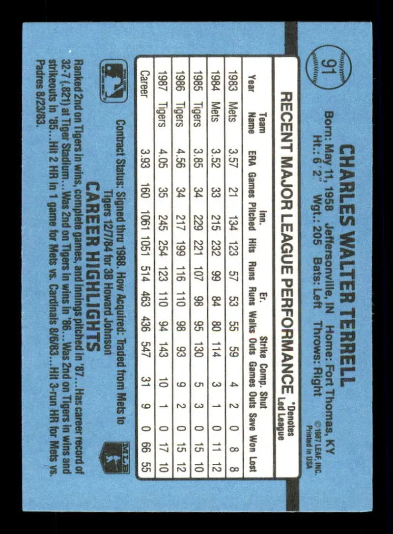 Baseball card back with player stats for 1988 Donruss #91 Walt Terrell trading card