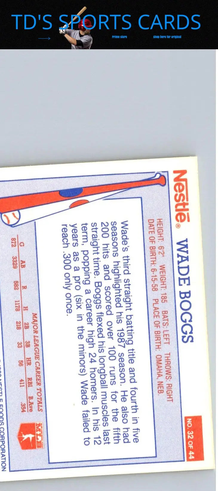 Baseball trading card of Wade Boggs from 1988 Nestle Dream Team series