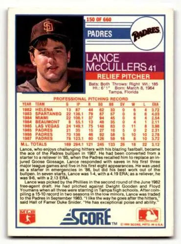 Lance McCullers San Diego Padres baseball card, original gloss, 1988 Score #150