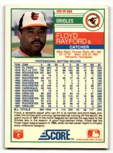 Floyd Rayford Baltimore Orioles baseball card with original gloss from 1988 Score