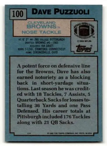 1988 Topps #100 Dave Puzzuoli Cleveland Browns Football Card with original gloss