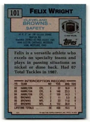 Felix Wright Cleveland Browns football card 1988 Topps #101 original gloss condition