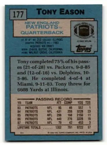 1988 Topps #177 Tony Eason New England Patriots Football Card with original gloss