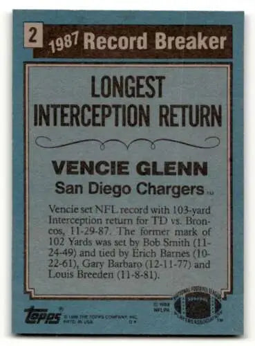 1988 Topps Vencie Glenn San Diego Chargers football card original gloss condition