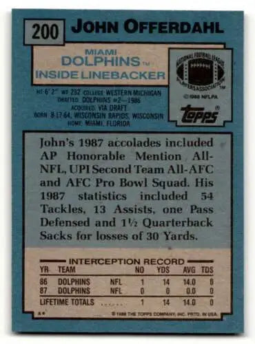 John Offerdahl Miami Dolphins football card featuring original gloss from 1988 Topps