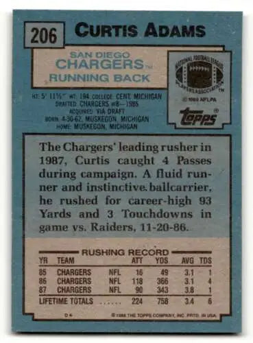 Curtis Adams San Diego Chargers football card with original gloss 1988 Topps #206