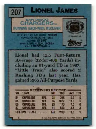 Original gloss 1988 Topps #207 Lionel James San Diego Chargers football card EX/NM