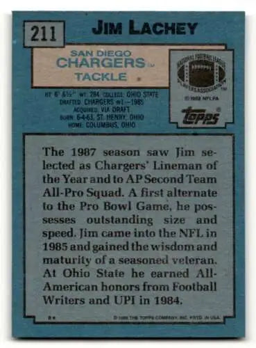 1988 Topps #211 Jim Lachey San Diego Chargers Football Card in EX/NM condition