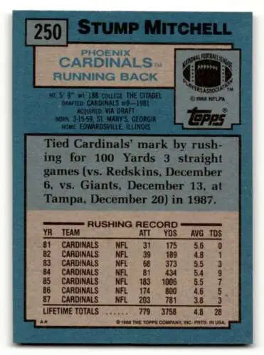 1988 Topps #250 Stump Mitchell football card with original gloss for Mitchell Phoenix Cardinals