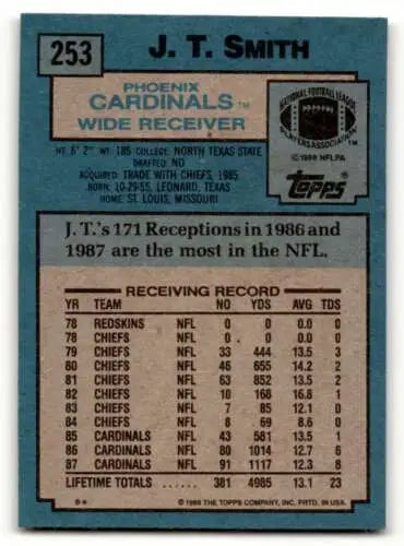 Back of 1988 Topps #253 J.T. Smith Phoenix Cardinals Football Card showcasing original gloss