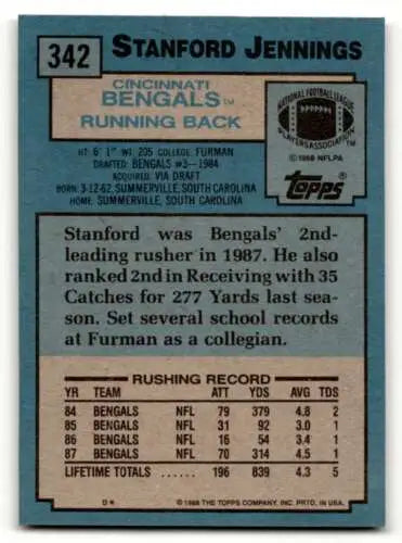Vintage 1988 Topps Stanford Jennings Cincinnati Bengals football trading card with original gloss