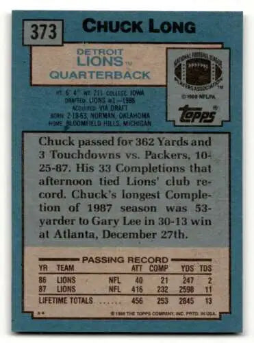 Chuck Long Detroit Lions football card featuring original gloss, 1988 Topps #373