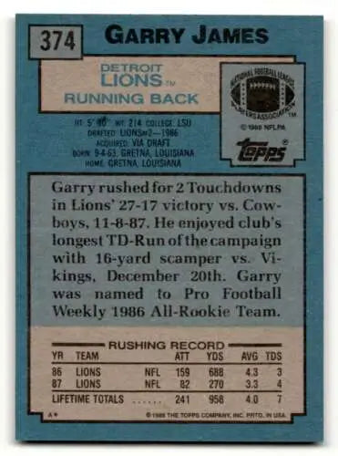 1988 Topps Garry James Detroit Lions Football Card with original gloss EX/NM condition