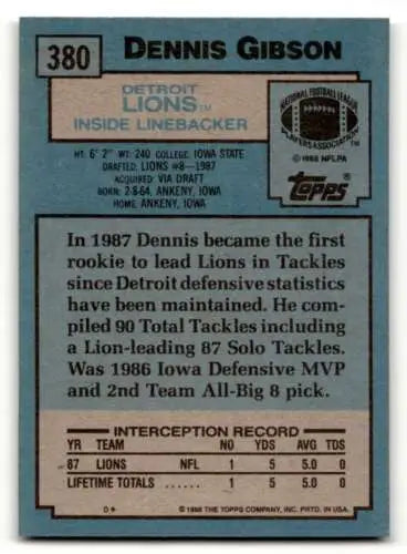 Original gloss 1988 Topps #380 Dennis Gibson Detroit Lions football card EX/NM
