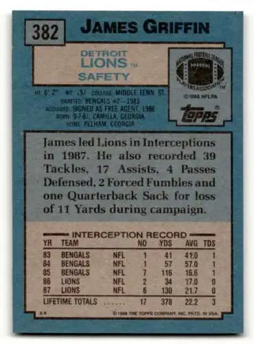 James Griffin Detroit Lions Football Card from 1988 Topps, original gloss condition