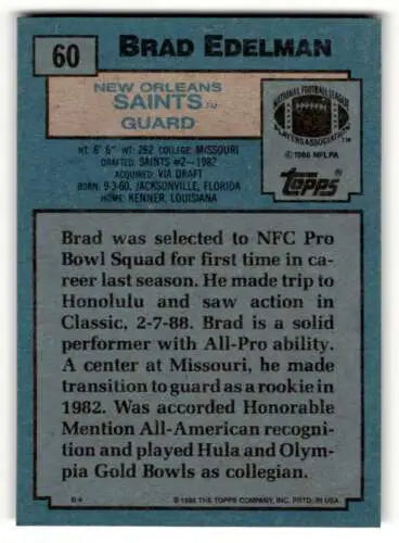 1988 Topps #60 Brad Edelman Football Card featuring original gloss of Orleans Saints Football