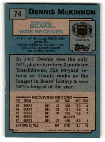 Dennis McKinnon Chicago Bears football card back, original gloss in excellent condition