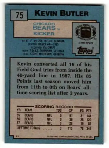 Kevin Butler Chicago Bears football card from 1988 Topps with original gloss details