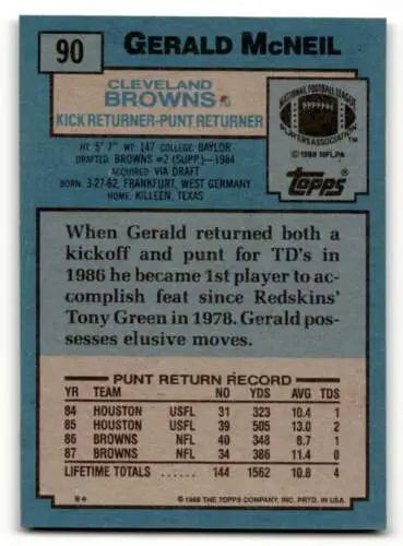 1988 Topps #90 Gerald McNeil Cleveland Browns Football Card with original gloss