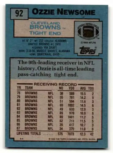 Ozzie Newsome Cleveland Browns football card back featuring original gloss details