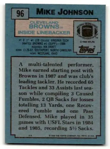 Mike Johnson Cleveland Browns football card from 1988 Topps with original gloss finish