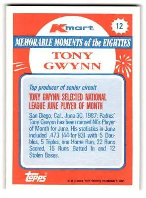 Tony Gwynn baseball card from 1988 Topps Kmart Memorable Moments series