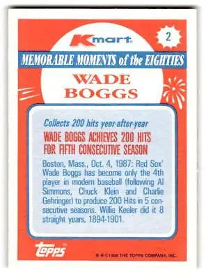 Wade Boggs baseball card from 1988 Topps Kmart Memorable Moments series