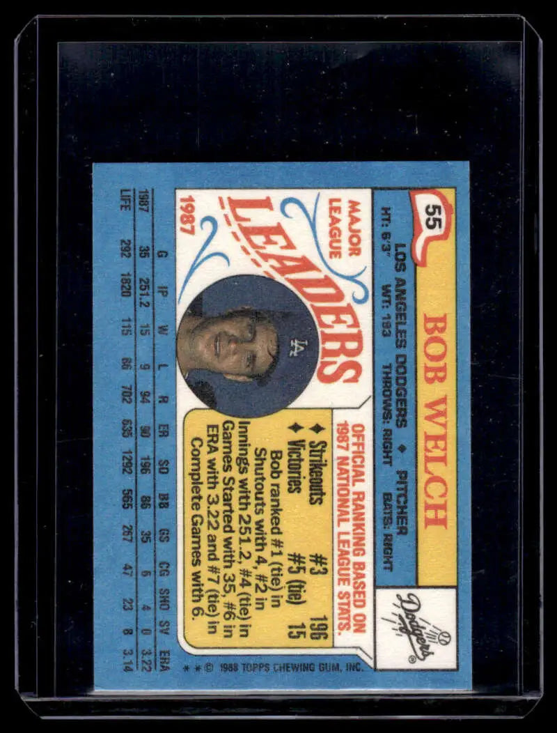 1988 Topps Bob Welch trading card featuring blue border and yellow text panel