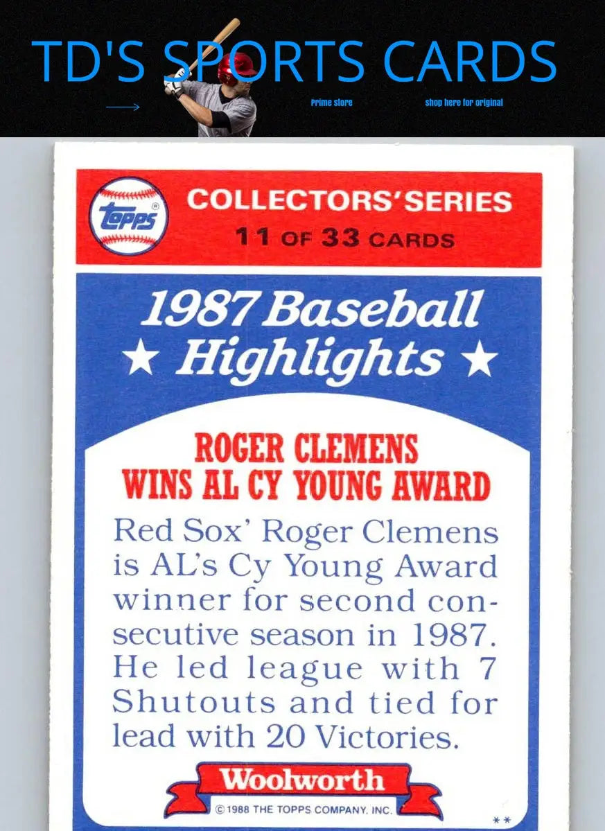 Roger Clemens baseball card from 1988 Topps Woolworth Baseball Highlights collection