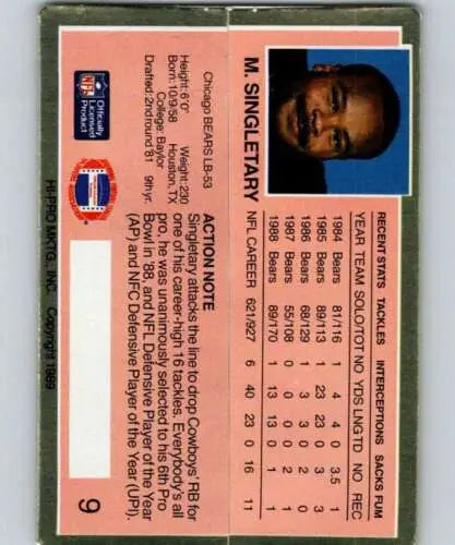 Mike Singletary football card from 1989 Action Packed Test with original gloss