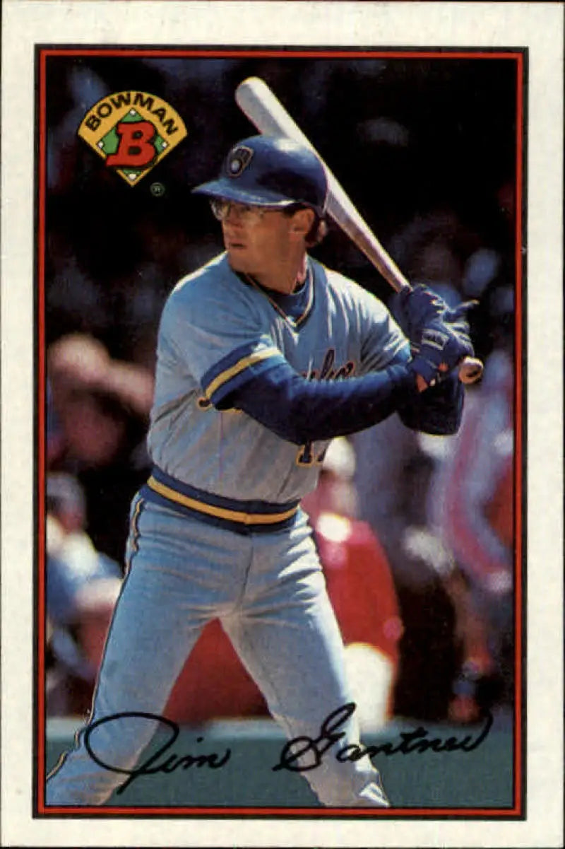 Baseball card of Jim Gantner batting in a gray Milwaukee Brewers uniform