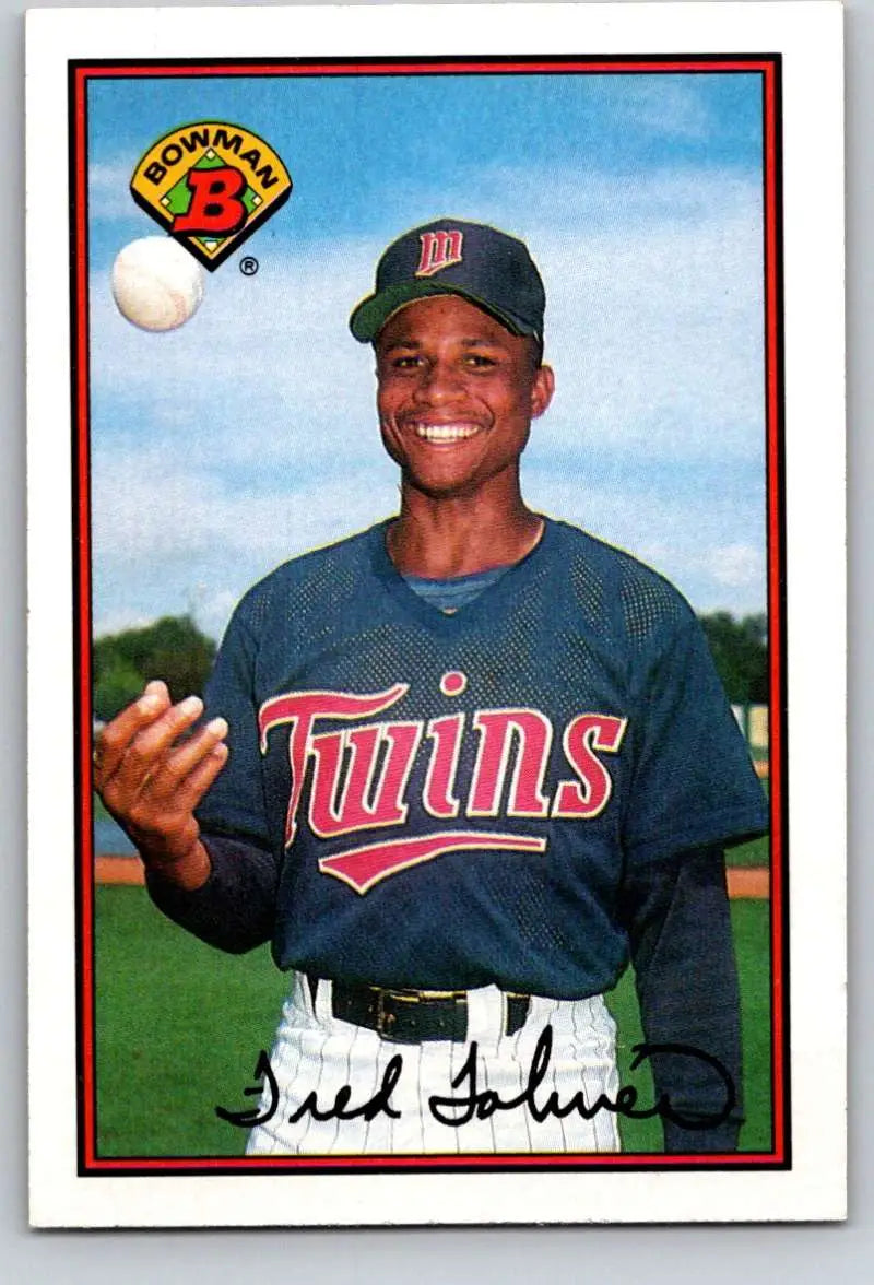 Fred Toliver tossing a baseball on his 1989 Bowman Minnesota Twins baseball card