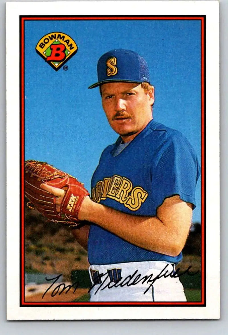 Baseball card of Tom Niedenfuer in blue Seattle Mariners uniform from 1989 Bowman