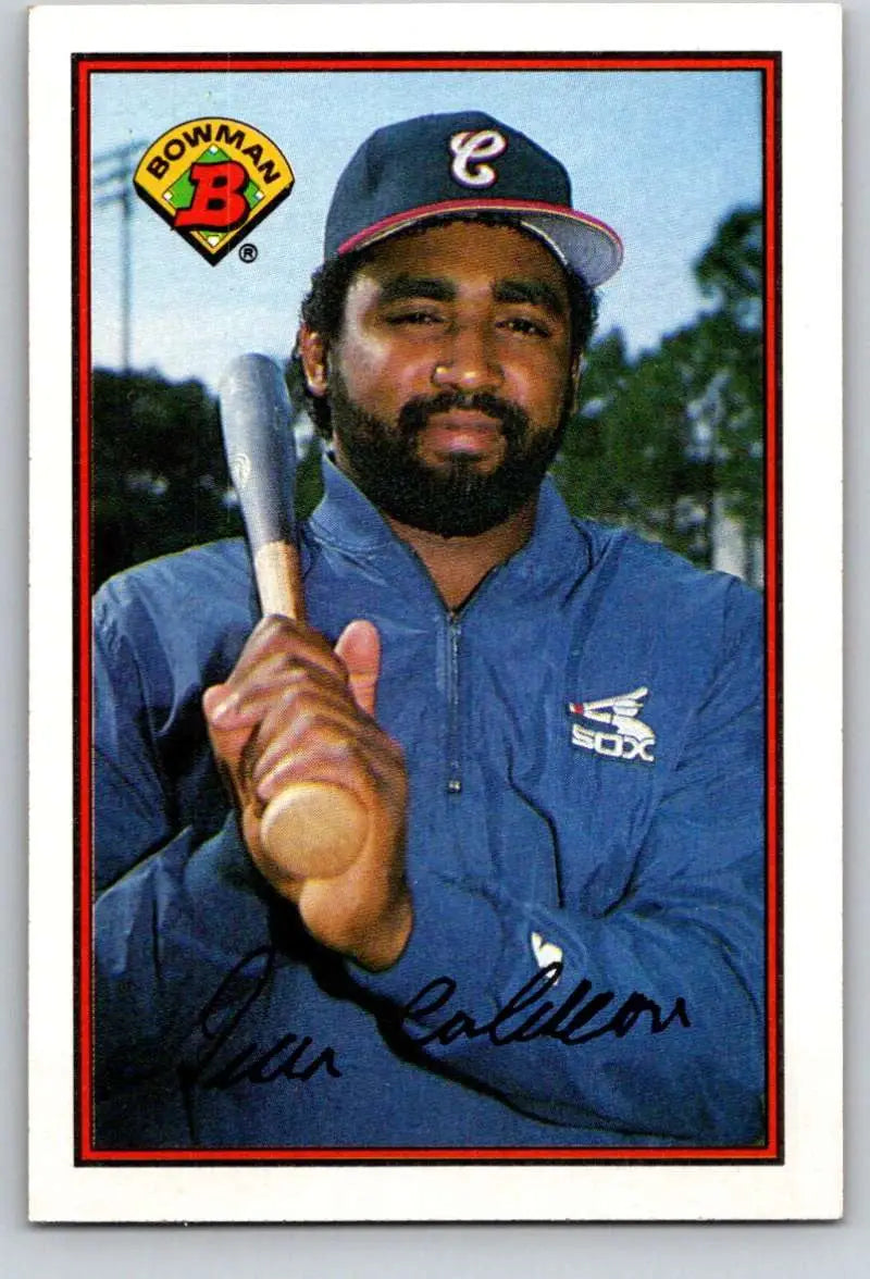 Ivan Calderon in a Chicago White Sox jacket holding a bat for the 1989 Bowman card