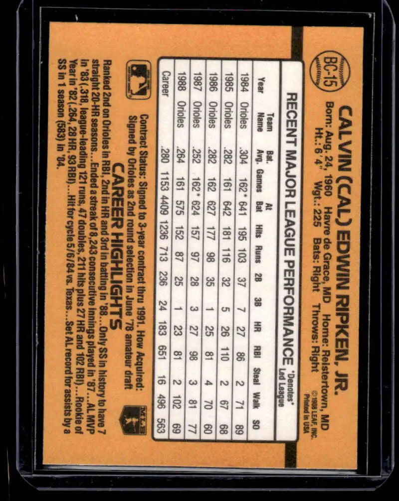Cal Ripken Jr. Baltimore Orioles baseball card with player stats on orange background