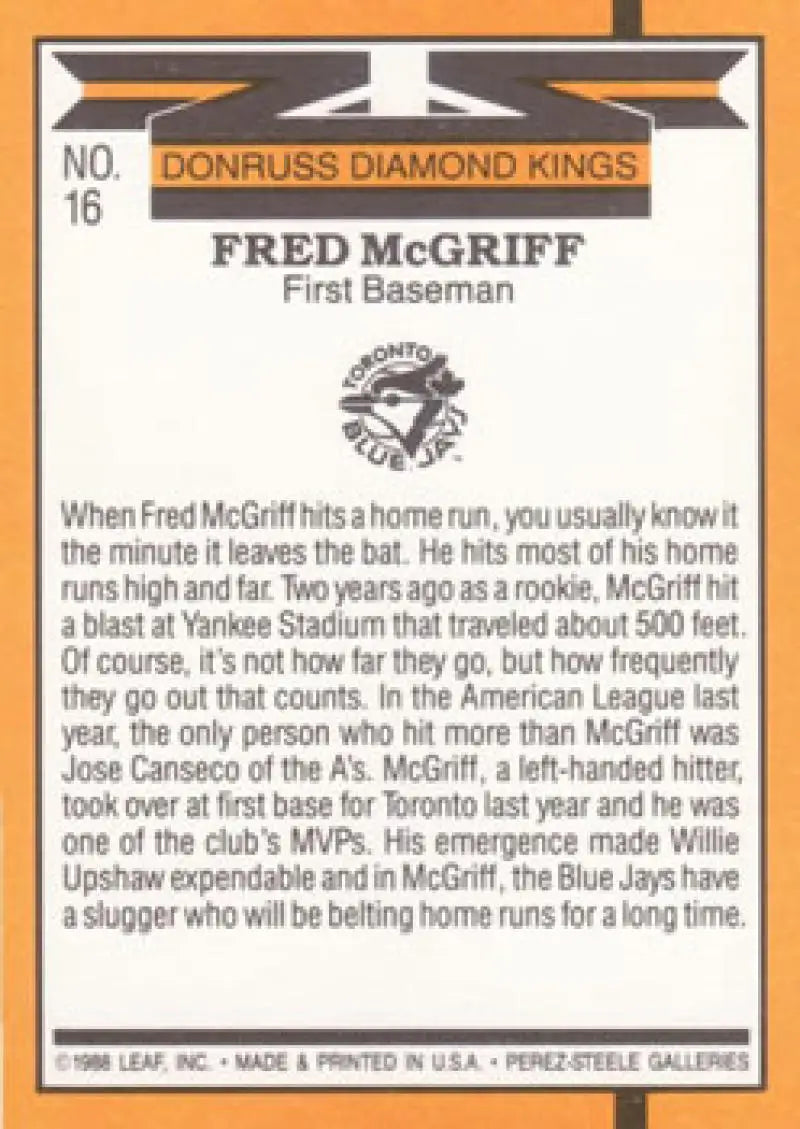 Baseball card of Fred McGriff from the Toronto Blue Jays Donruss Diamond Kings series