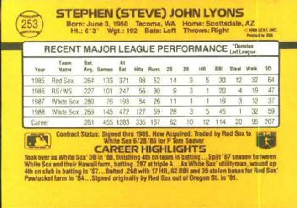Steve Lyons 1989 Donruss Baseball Card showcasing Chicago White Sox player stats