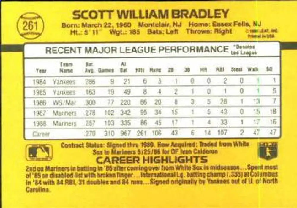 Baseball card featuring Scott Bradley’s stats and highlights with Seattle Mariners
