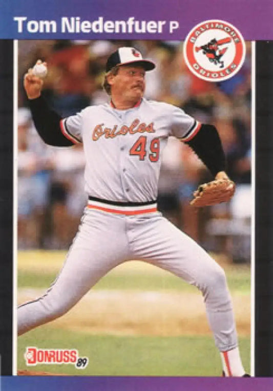 Tom Niedenfuer mid-throw for Baltimore Orioles featured on baseball card