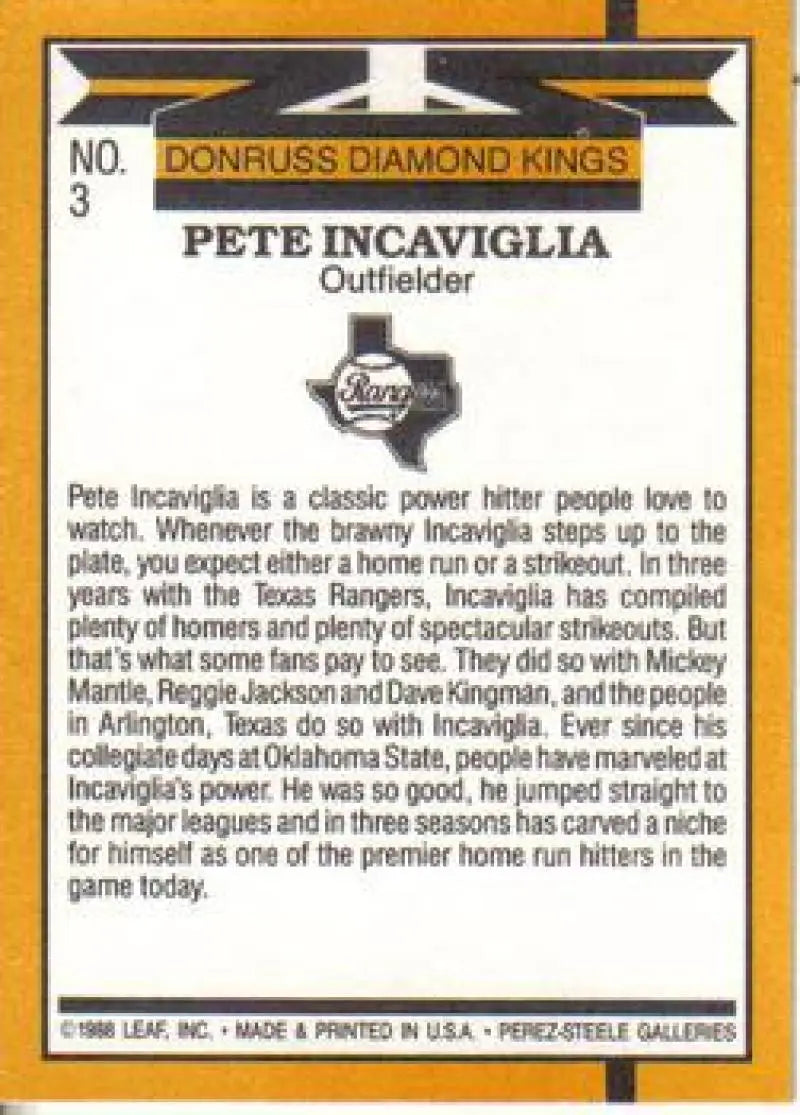 Pete Incaviglia Texas Rangers baseball card from 1989 Donruss Diamond Kings series