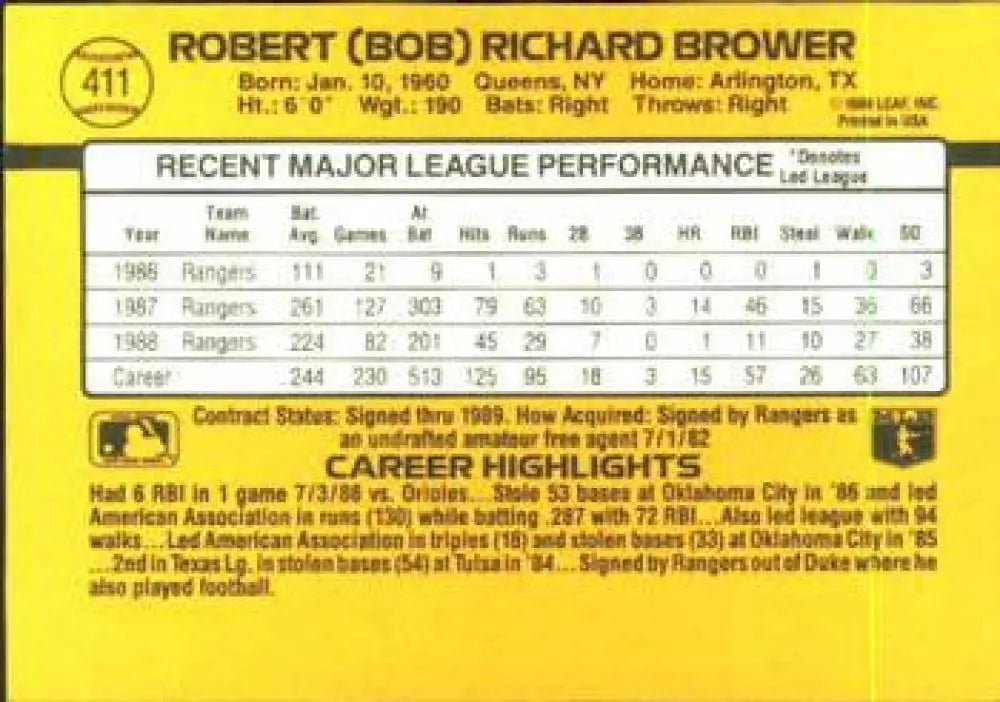 Bob Brower baseball card showcasing career stats for Texas Rangers player