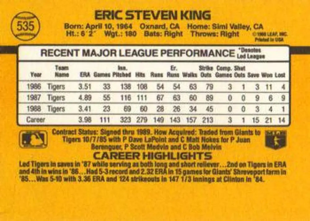 Baseball card of Eric King featuring career stats for Detroit Tigers 1989 Donruss #535