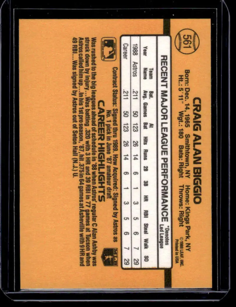 Back side of 1989 Donruss Craig Biggio Houston Astros baseball card in NM-MT condition