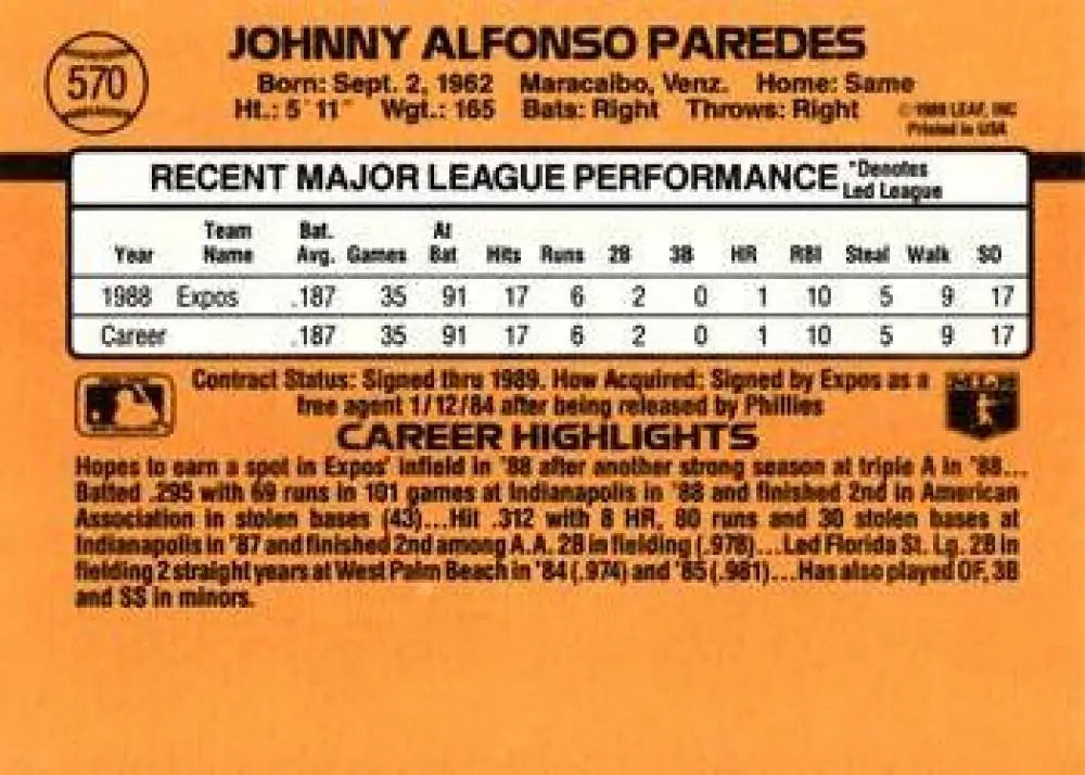 Johnny Paredes Rookie Montreal Expos baseball card with 1990 season stats displayed