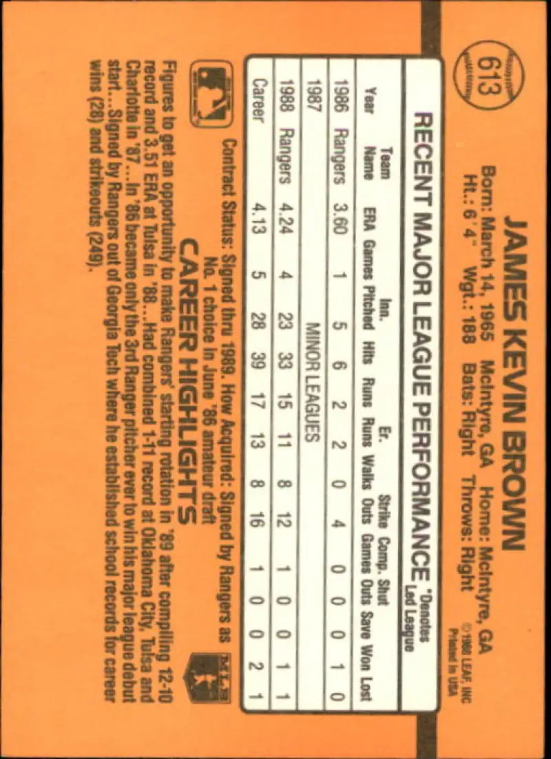 Orange baseball card back of Kevin Brown with statistics for Texas Rangers
