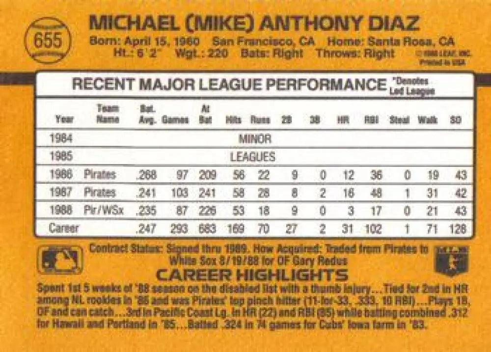 1989 Donruss #655 Mike Diaz baseball card featuring Chicago White Sox career stats