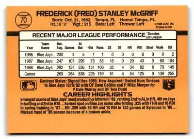 Back of 1989 Donruss 70a Fred McGriff baseball card showcasing player stats and info