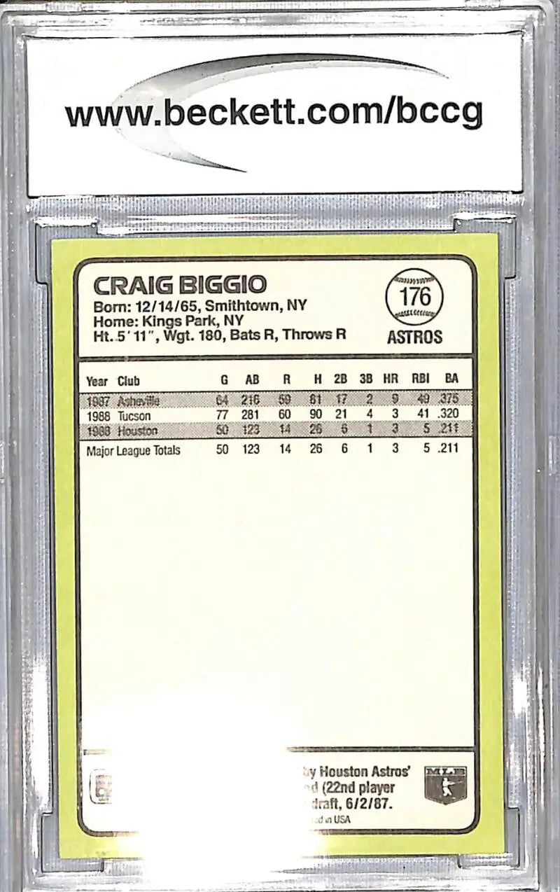 Graded 1989 Donruss Craig Biggio Baseball Card, BCCG 10 Mint, Houston Astros collectible