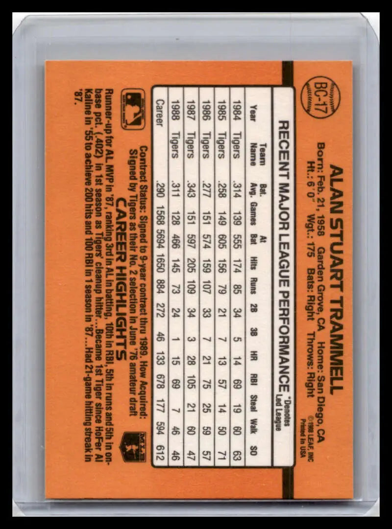 Orange and black 1989 Donruss Alan Trammell Detroit Tigers baseball card with stats